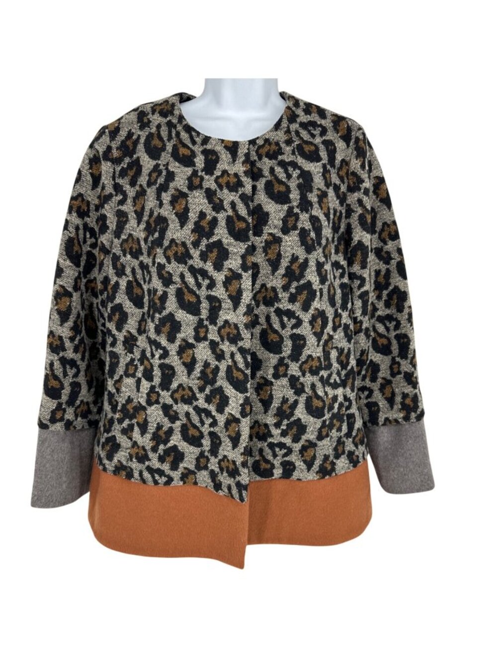 Logo Lori Goldstein Leopard Print 2 Snap Closure Jacket Contrast Hem Size 10